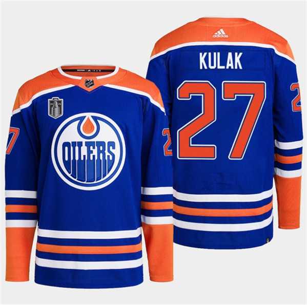 Men%27s Edmonton Oilers #27 Brett Kulak Royal 2024 Stanley Cup Final Patch Stitched Jersey Dzhi